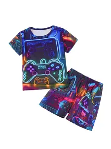 Toddler Boy's 2pcs Game Console Print Round Neck Tee & Elastic Waist Shorts Loungewear Set, Casual Comfortable Short Sleeve Lounge T-Shirt & Shorts Pajama Lounge Sets, Kids Sleepwear for Summer, Snug Fit Pajamas