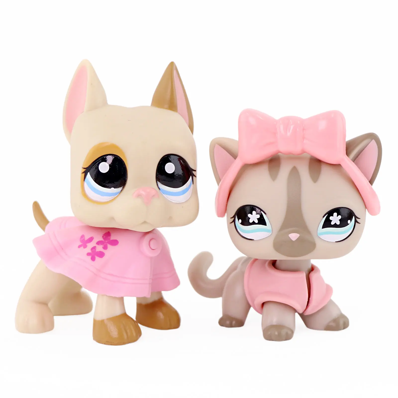 2 Pack Cute Mini Pet Figurines Set, Cartoon Dog & Cat Collectible Dolls with Pink Dress & Bow Accessories, Small Pocket Animal Figures for Kids Pretend Play, Birthday Party Favor Gift for Girls Boys Ages 4+
