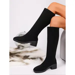 Women's Elastic Wide Calf High Boots, Square Toe Velvety Chunky Heel, Side Zipper, Western Style, Party & Daily Wear(Sheets)