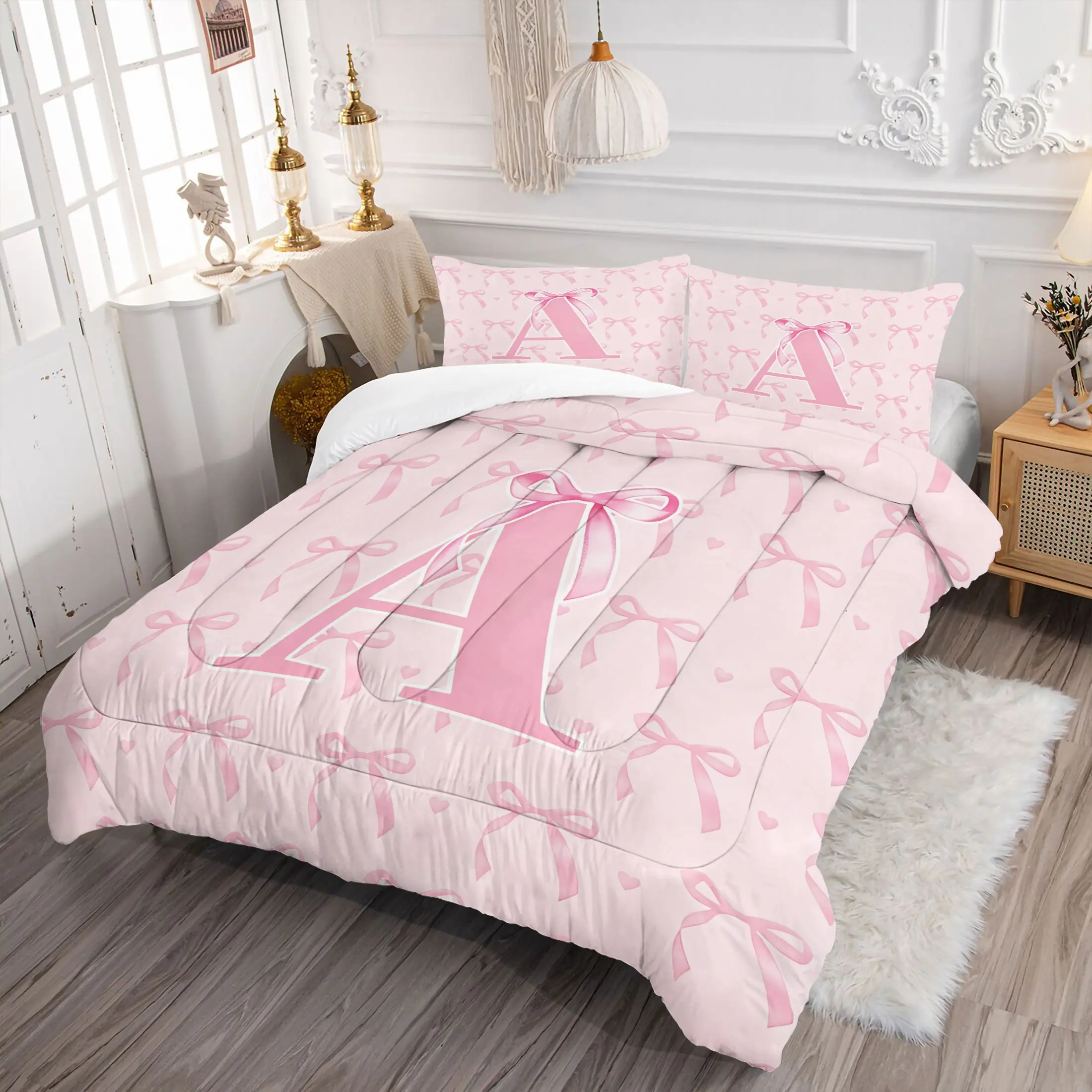 Princess Style Pink Bow Letter A Comforter Set Fluffy Warm All Season Cute Bedding Set with 1 to 2 Pillowcases for Girls Bedroom Nursery Toddler Kids Teens Home Decor Gift Soft Warm Bedding