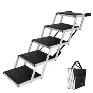 5-Step Heavy-Duty Foldable Aluminum Frame Dog Stairs, Non-Slip Surface, Soft Foam Carrying Handle, Joint-Safe Design, 250 lbs Weight Capacity for Cars, High Beds