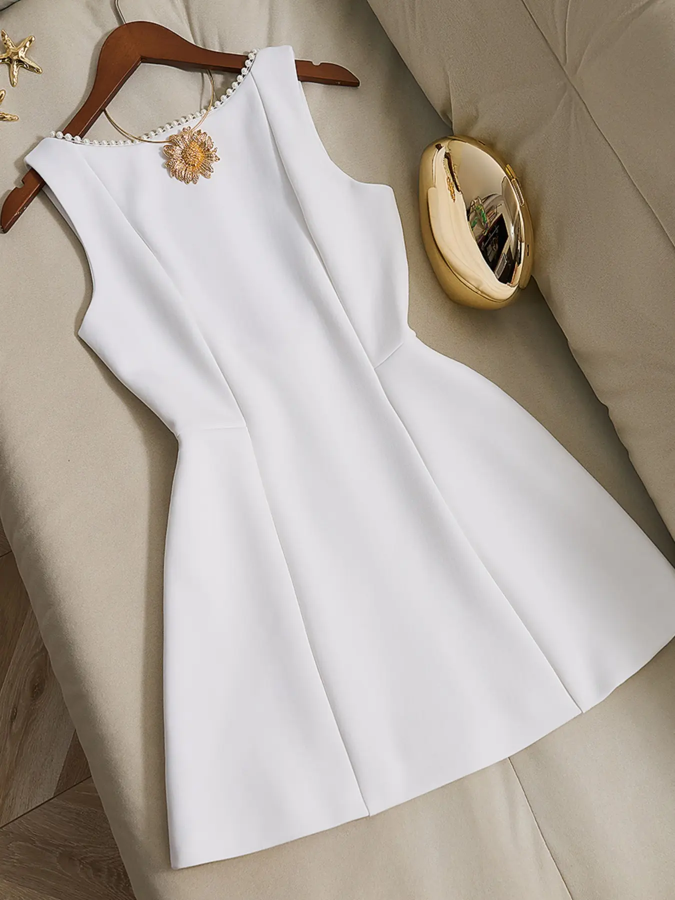 Womens White A Line Mini Dress Sleeveless Fit and Flare Dress High Waist Formal Cocktail Dress Pearl Trim Summer Party Dress, Dresses For Party, Date Night Outfit Lightweight Breathable