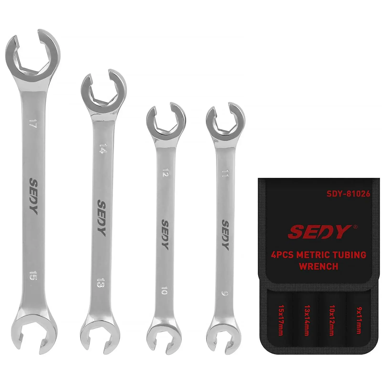 SEDY Hex Combination Wrench 8-Sizes Kit - Metric Offset Flare Nut Slim Spanners (9-17mm), CR-V Steel 1-Piece Handles Torque Tool, Storage Pouch Keeps Wrenches Sorted & Handy for Auto Repair Technicians (Slim Profile Fits Cramped Engine Bays)