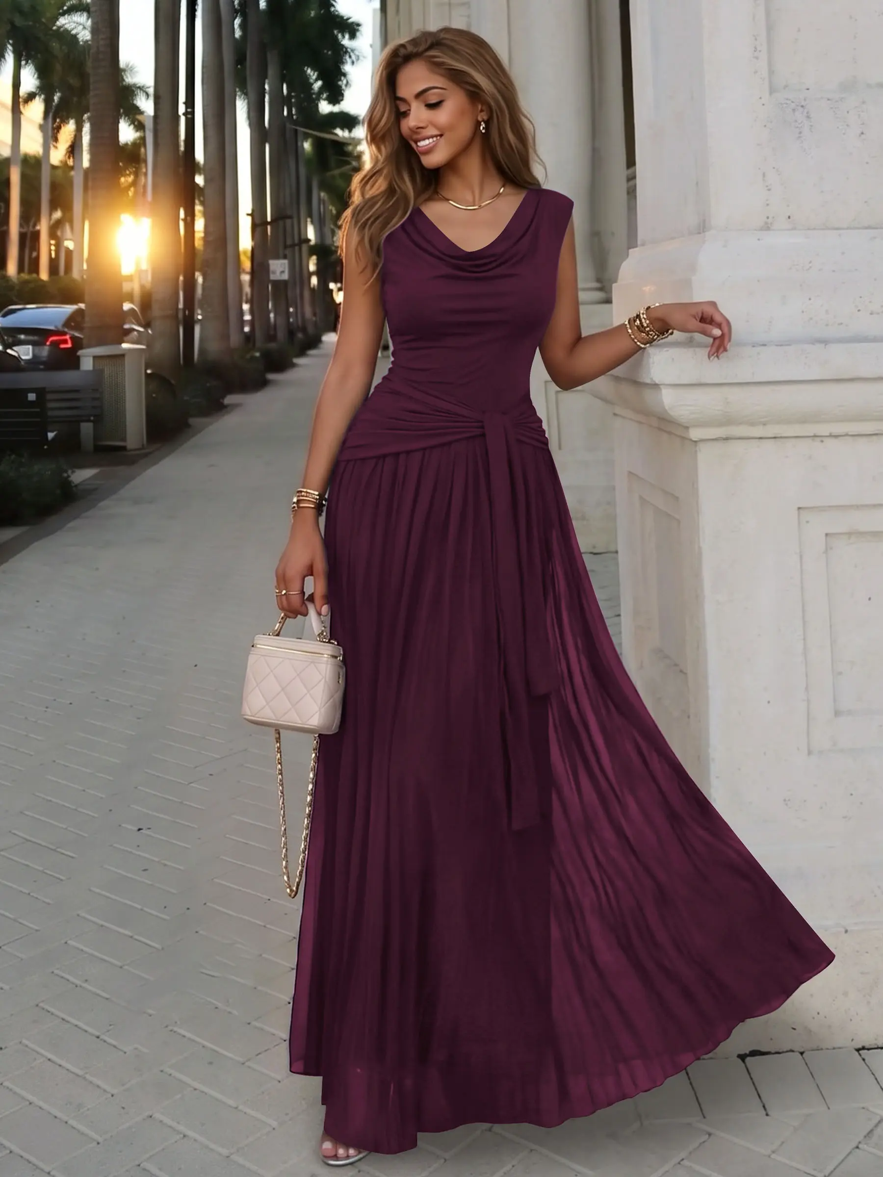 AISIZE A5603 Women's Cowl Neck Ruched Waist Tie Mesh Maxi Formal Dress - Elegant, Glamorous Womens Dresses for Formal Wedding Guest Evening Prom, Wedding Guest Dresses