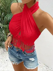 Women's Plain Fringe Trim Halter Neck Crop Top, Casual Sleeveless Top for Summer, Women's Skinny Clothing for Daily Wear, Womenswear, Halter Ruched, Boho Sleeveless Top, Western Tops, Elegant Sleeveless Cami, Lady Ruched Backless Halter
