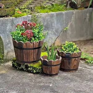 Rustic Wavy Wooden Barrel Planter