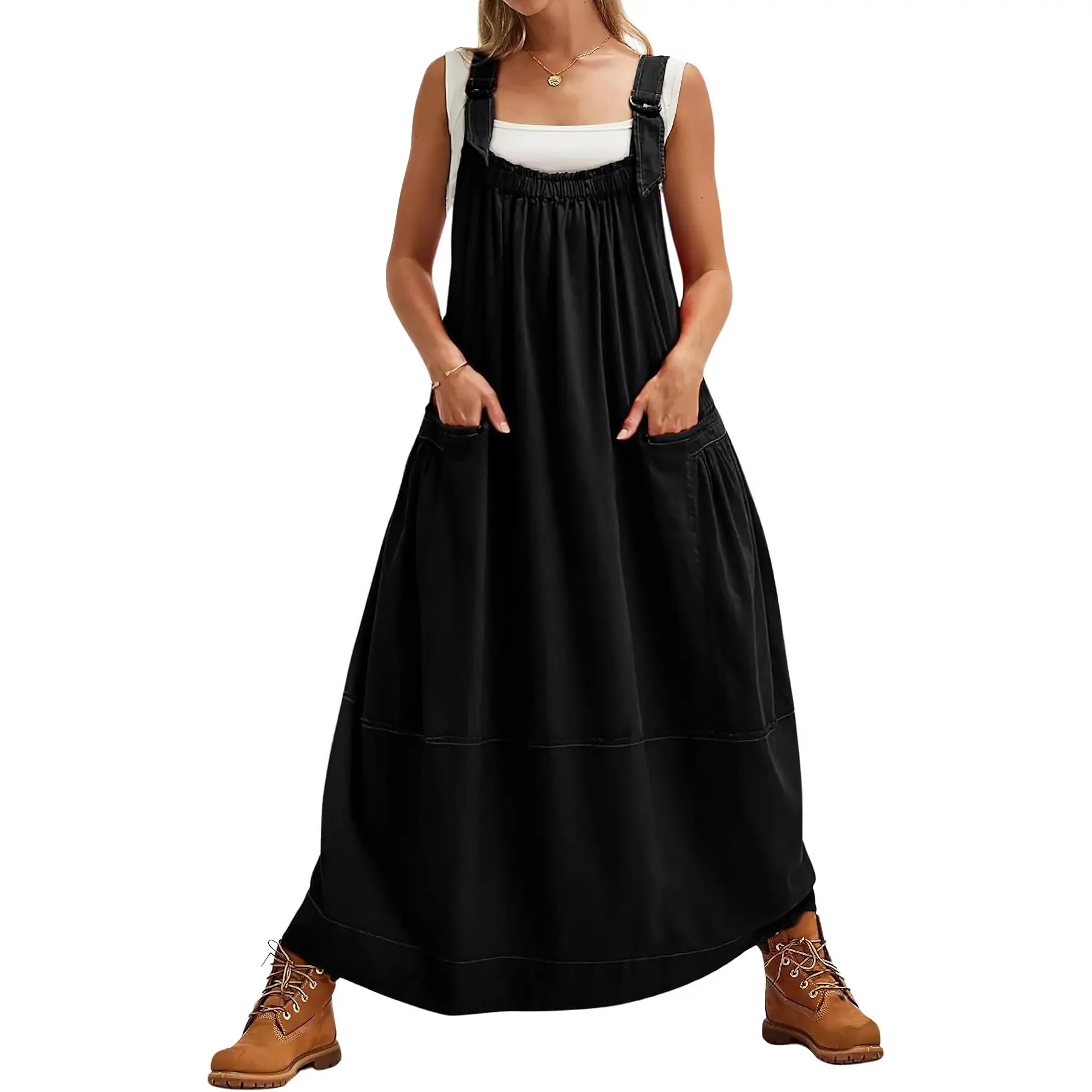 Chouyatou Women's Y2 Vintage Baggy Tank Top-Inspired Cargo Overall Maxi Dress - Sleeveless, Adjustable Strap, Safari Style, Pockets, Casual Tops, Tank Tops, Y2k