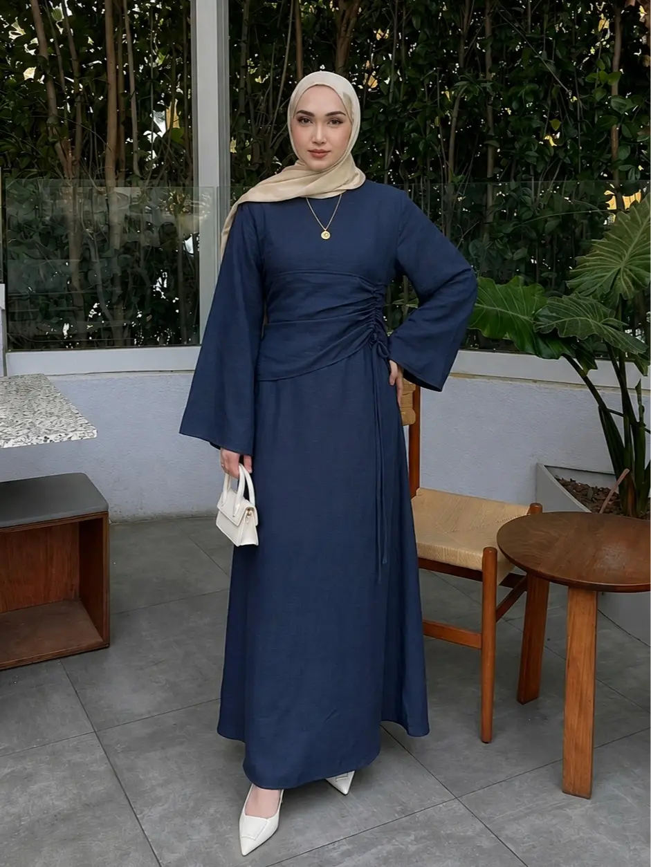 CSCP Women's drawstring waist maxi dress, fitted at the waist, slightly flared sleeves. One size fits US 8-16.