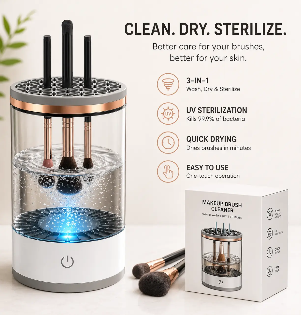 Automatic Makeup Brush Cleaning Machine with UV Sanitizing & USB Rechargeable Compact Lightweight
