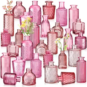 30 count Vases Bulk Colored Flower Glass Vases Bud  Colored Glass Bottles Colorful Rustic Embossed for Home Wedding Table Decorations Gifts(Pink Series)