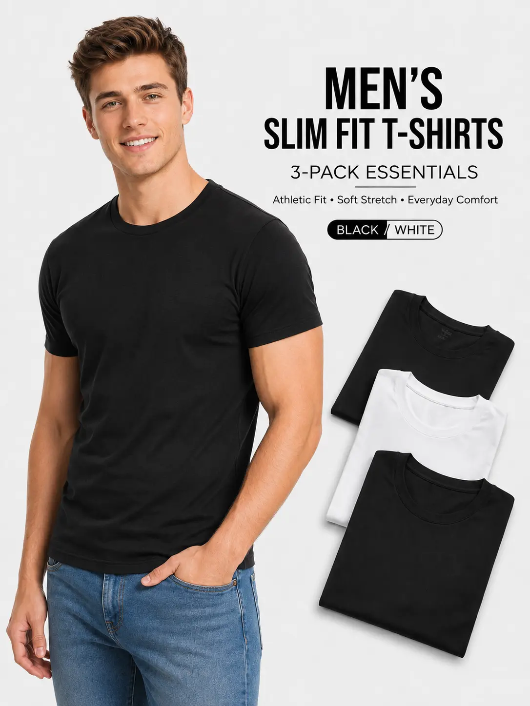 Men's 3-Pack Slim Fit Fitted Crew Neck Plain Short-Sleeve Tees - Stretch Fabric Top, Everyday Undershirts for Casual Streetwear or Workwear, Men's Gift