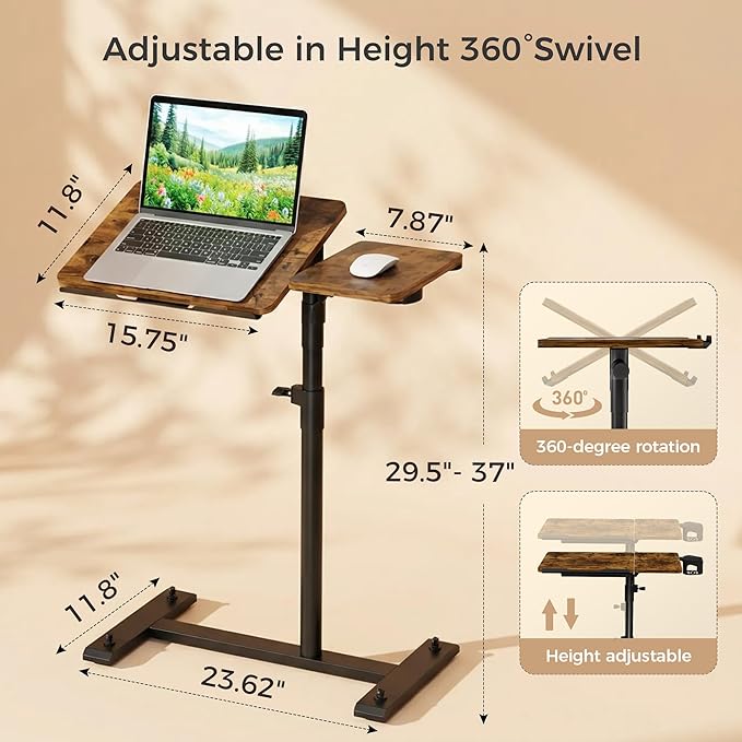 YUHFERA Rolling Table for Laptop Stand, Height and Angle Adjustable Over Bed Table with Wheels, Tilt-Top Laptop Desk for Couch with Cup Holder, Bed Table Tray for Eating