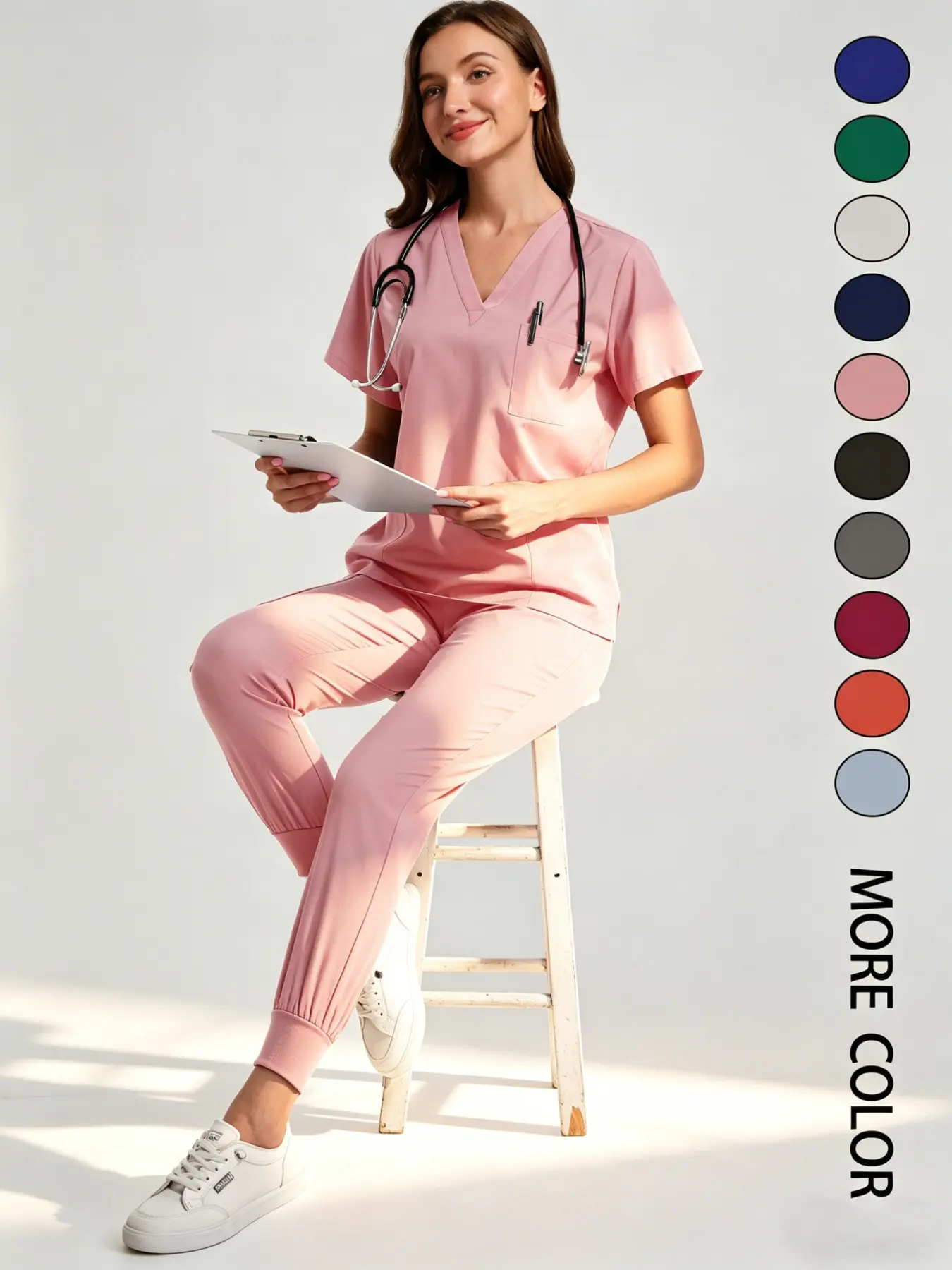 V Neck Multi-Pocket Workwear Set Uniforms, Comfortable Breathable Quick-Dry Polyester, Elastic Waist, Suitable for Nurses, Dentists, Spa, Home, Daily Use
