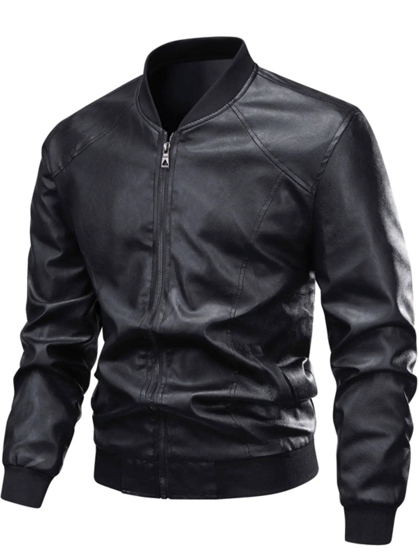 Spring Men's Fitted Long Sleeve Classic Plain Leather Jacket Coat Motorcycle Style Baseball Collar Business Casual Sports Daily Wear, Aesthetic Stylish Fashionable Jacket Outerwear for Men