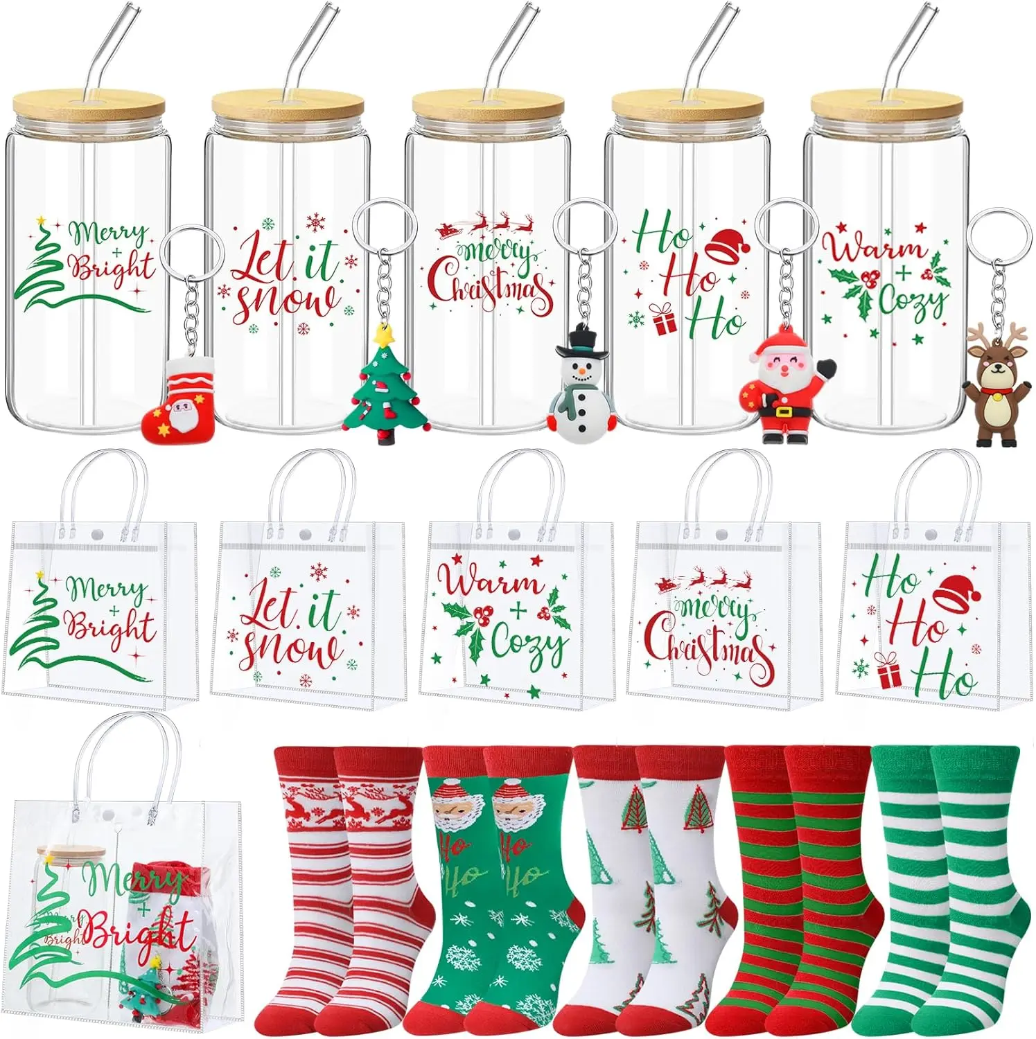 20 Pcs Christmas Gifts 5 Sets Christmas Glass Cups with Lid and Straw 16 oz Xmas Clear PVC Gift Bags Red and Green Winter Crew Socks Holiday Keychains for Women Men Xmas Party Favors Supplies