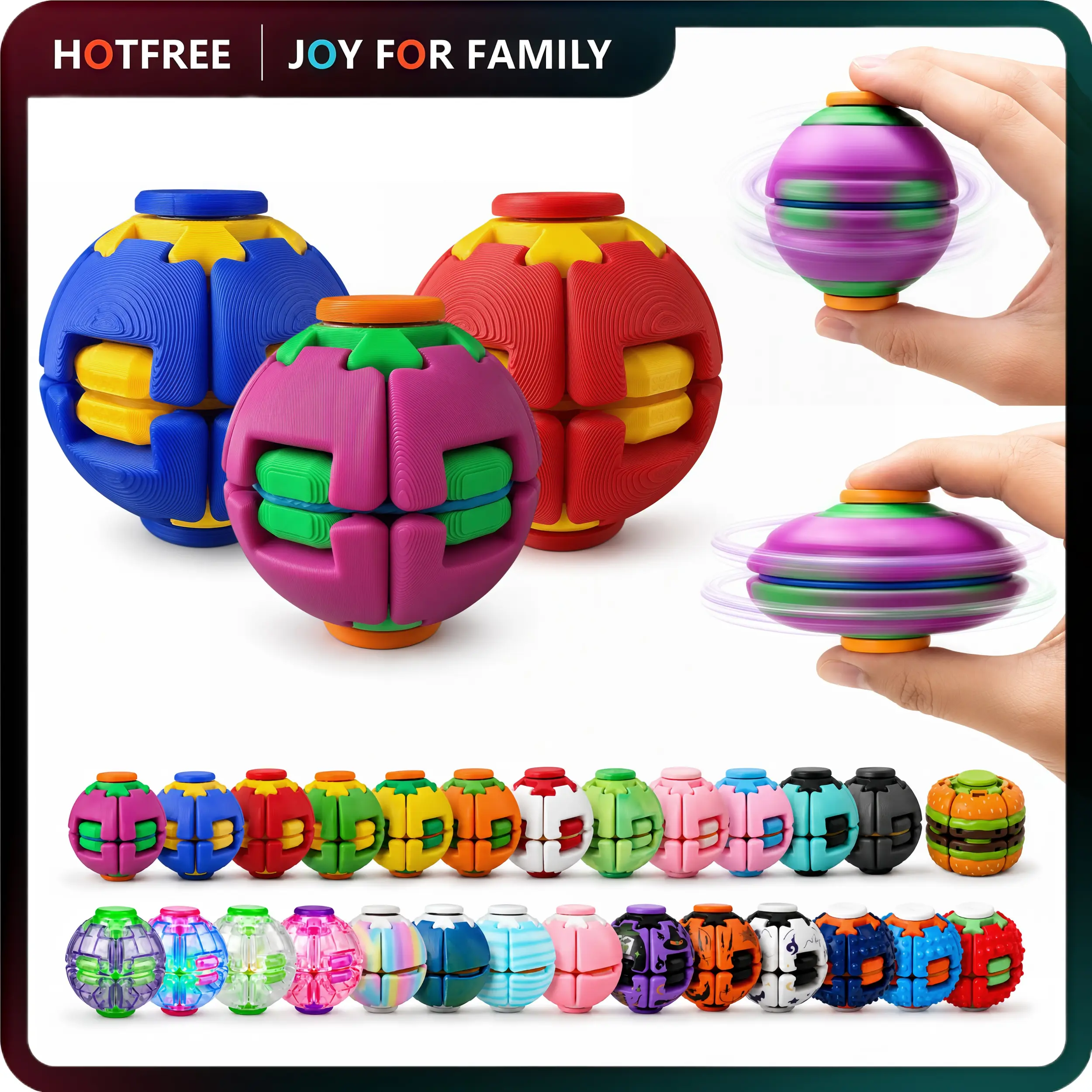 Hotfree Press-to-Spin Transforming Fidget Ball, 3D Printed Fidget Ball Toy, Smooth Spinning Sensory Gyro Toy, Stress Relief Desk Gadget, Anxiety Relief Fidget Spinner, ADHD Focus Aid, Portable Handheld Fidget Gyro Toy for Kids, Teens and Adults