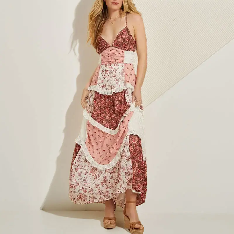 NEWWomen's Casual Summer Lace Patchwork Dress Puffy Short Halter Neck Smocked Tiered Ruffle Dresses Womenswear Comfort Dinner Outfits Bohemian