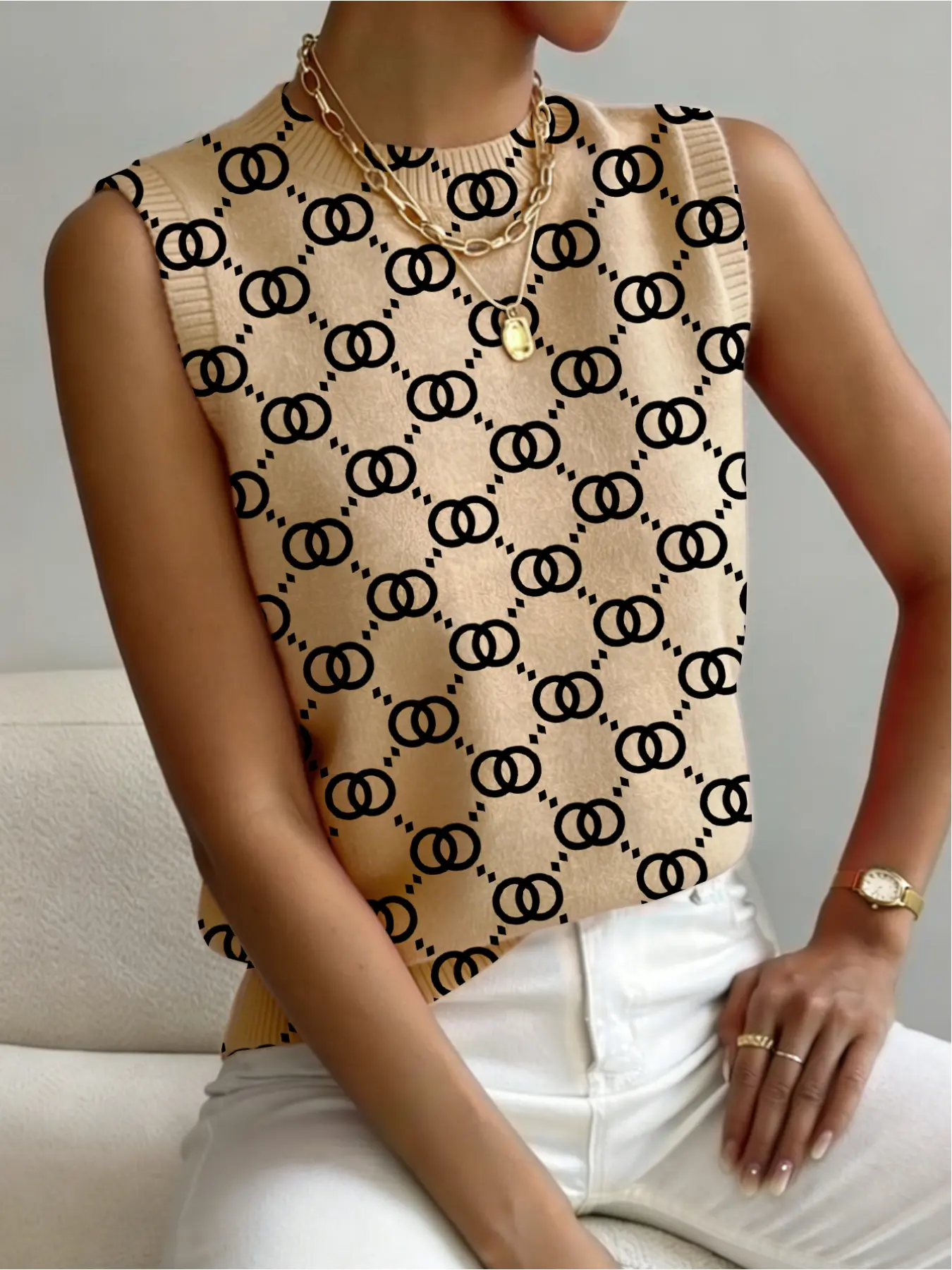 Women's Geometric Patchwork Print Stand Collar Short Fitted Sweater, Casual Chic Sleeveless Knit Top for Spring Fall Winter, Comfortable All-Season Wear Womenswear