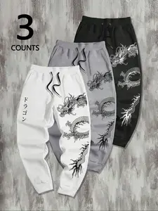 Men's Dragon Print Drawstring Waist Sweatpants, Casual Street Regular Fit Pants for Daily Wear, Men's Trousers for All Seasons, Casual Streetwear Trousers