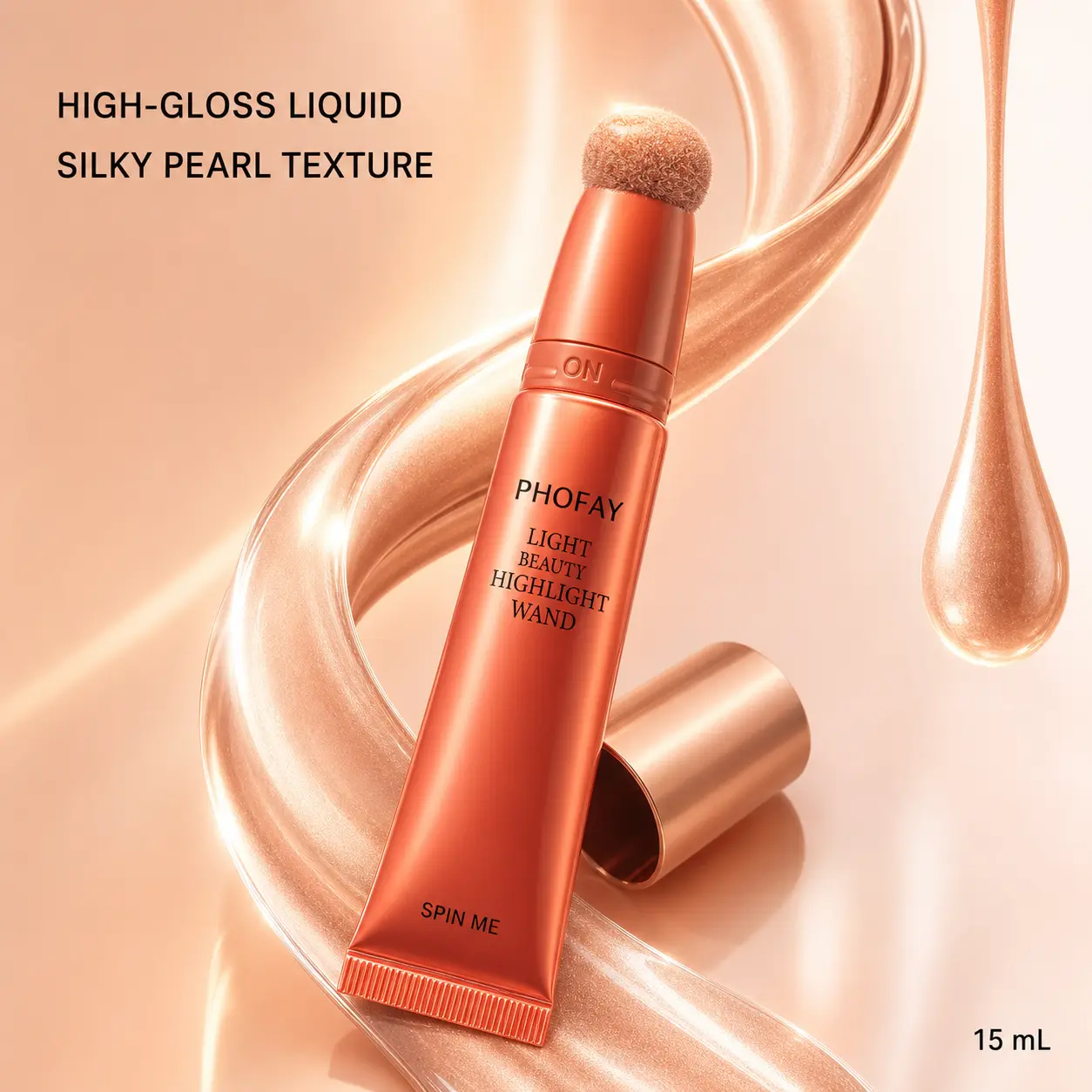PHOFAY Liquid Highlighter Wand – Silky Glow Face Highlighter, Soft Shimmer Dewy Finish Makeup with Sponge Applicator, Buildable Radiance for Cheeks, Nose & Eyes, Lightweight Natural Glow Beauty Essential