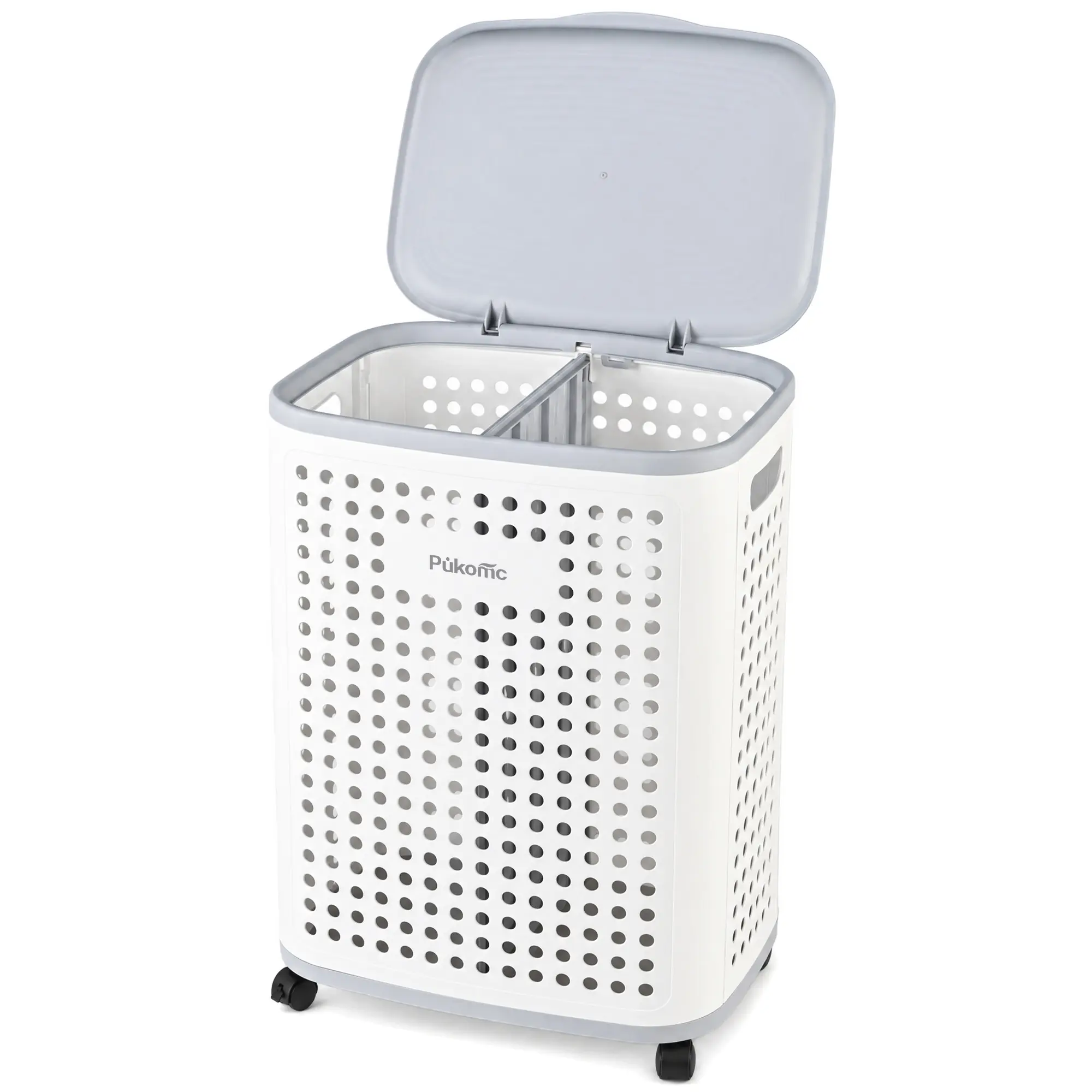 Pukomc 80L Laundry Hamper with Lid & Wheels, 2-Section Rolling Laundry Basket, Large Ventilated Clothes Hamper for Bedroom, Bathroom & Laundry Room
