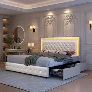 GEGOFORU LED Storage Bed Frame Queen with 4 Drawers, Upholstered Platform Bed with RGBW Smart Light & App, No Box Spring Needed / Cama Blanca con Luces y Cajones, Fácil de Armar, White Velvet for Small Room, Mother‘s Day Gift