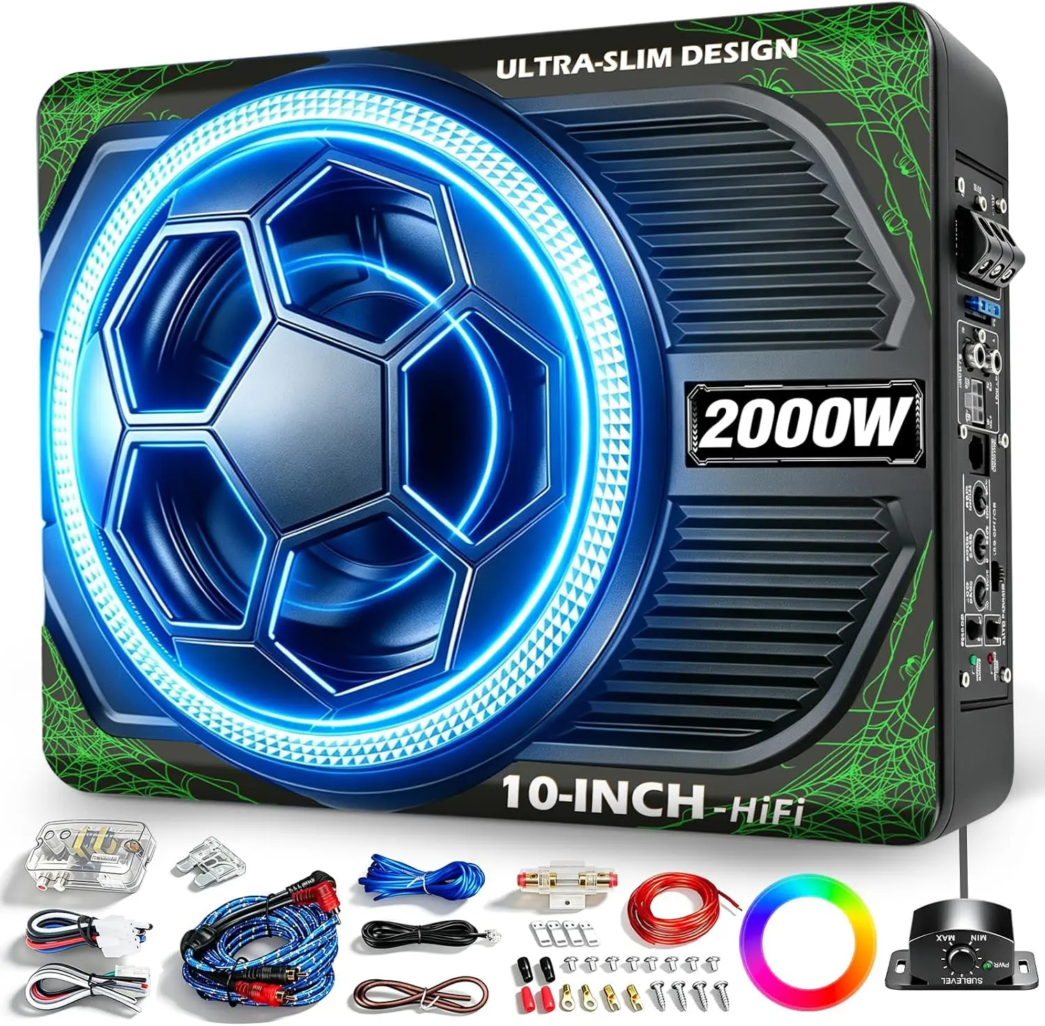 TANVSO 2000W 10-Inch Slim Powered Underseat Car Subwoofer & Amplifier Package, Built-In Amplifier, RGB Light, Bass Boost, Soccer-Inspired Grille for Car, Truck, SUV Audio Systems