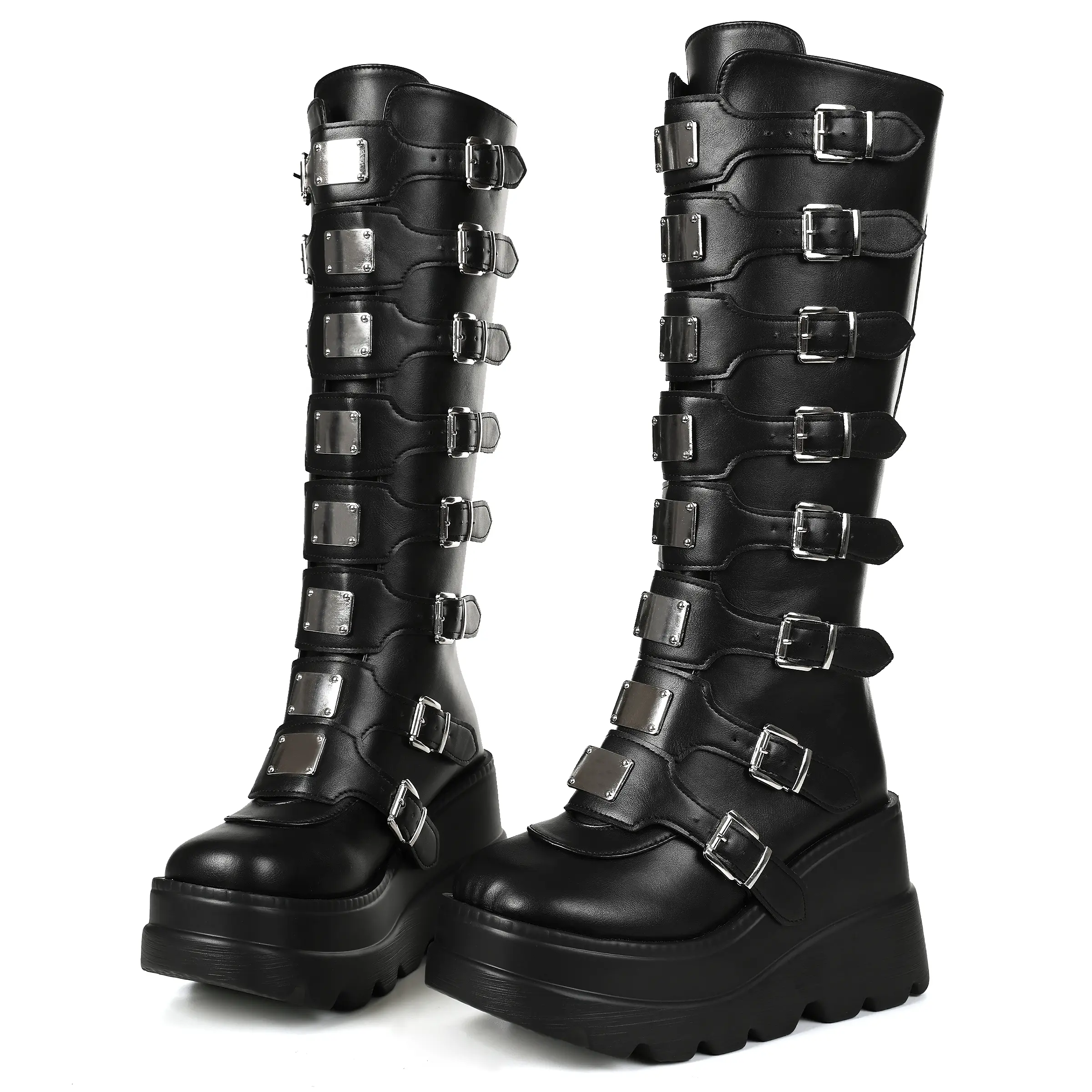 Women's Gothic Punk Cuban Platform Flat Boots - Round Toe, Buckle-Embellished, Edgy Rock Style Casual Wear Footwear, Gothic Style, Statement Shoes, Shoes For Women, Flat Heel, Alternative Style, Grunge Aesthetic