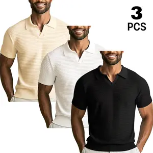 Men’s textured knit short-sleeve polo shirt featuring a 3D plaid pattern, V-neck design without buttons, soft and breathable with no sweat buildup, clean and well-structured cut—versatile for everyday summer commuting.