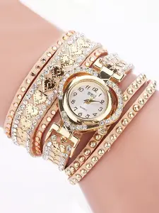 1 casual and fashionable winding diamond inlaid heart-shaped dial bracelet watch for women with long string quartz analog watch, perfect gift for girlfriend, Fashionable Stylish Watch Rhinestone decorated watch