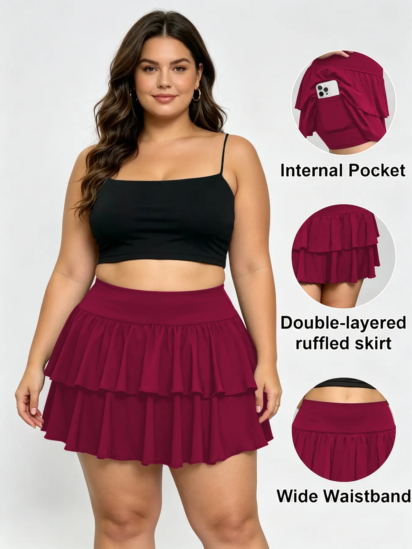 Plus Size Women Tennis Skirt, High Waist Double Layer Ruffled Skort with Inner Shorts & Hidden Pocket, Flowy Athletic Skirt for Golf Workout Running