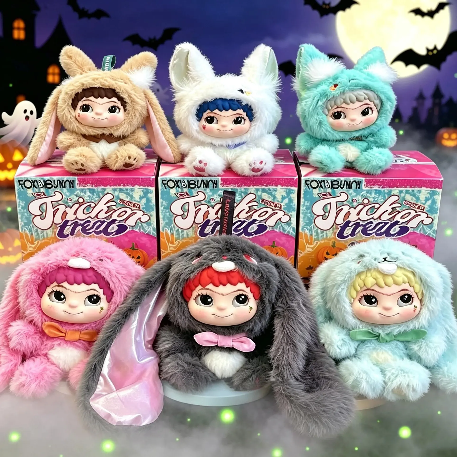 【Halloween Gift】 Wakuku V2 Plush Blind Box - Fox & Bunny Trick-or-Treat Collectible Toy, Stress Relief Gift for Toys & Hobbies Enthusiasts