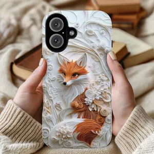 Fox and Floral Paper Art Phone Case, 3D Textured Fox Lover Gift Phone Cove, Artistic Paper Style Cover, Magsafe Phone Cases  For IP X 11 12 13 14 15 16 17 S21 S22 S23 S24 S25-Ultra Series