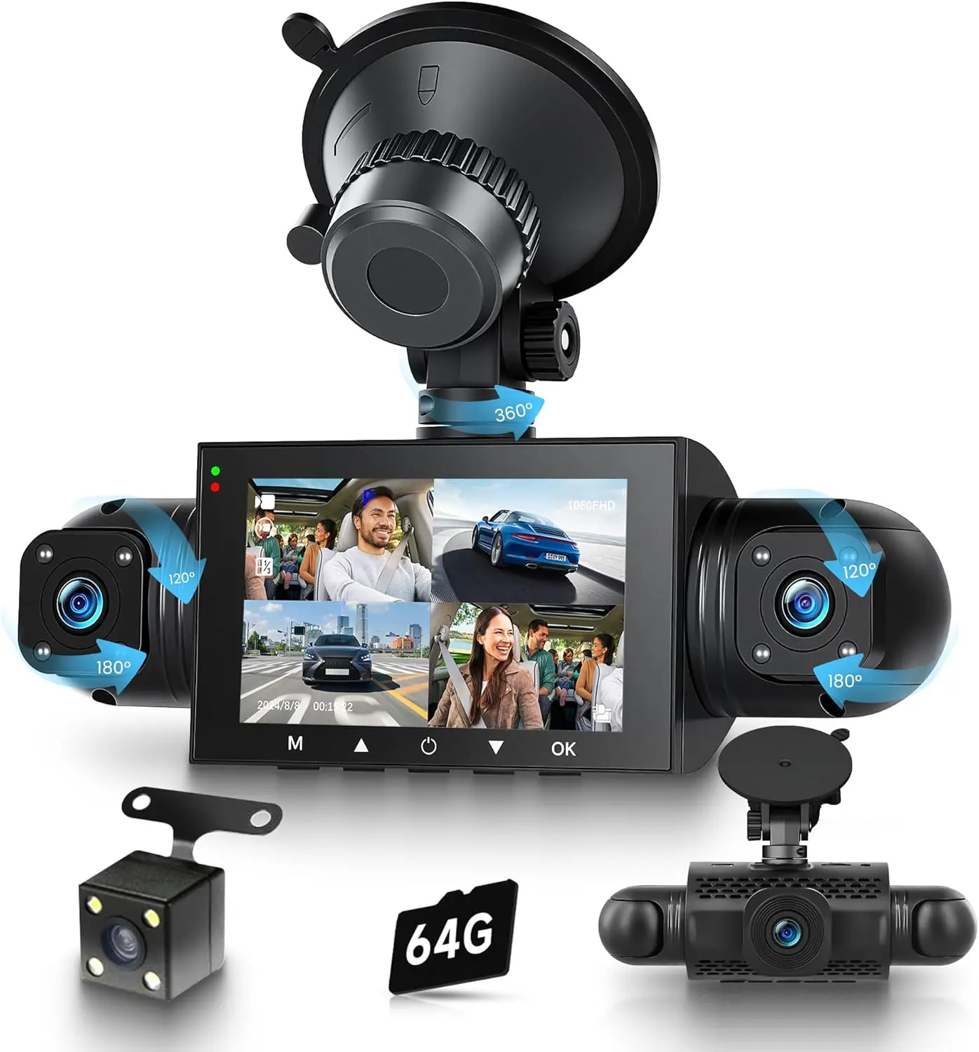 4 Channel Car Dash Camera, Full HD Front & Rear & Left & Right Camera with 64G TF Card, G-sensor, ir night vision, Loop Recording Reversing Camera,  truck accessories,dashcam vehicle,Summer Vibes,  vehicle security camera