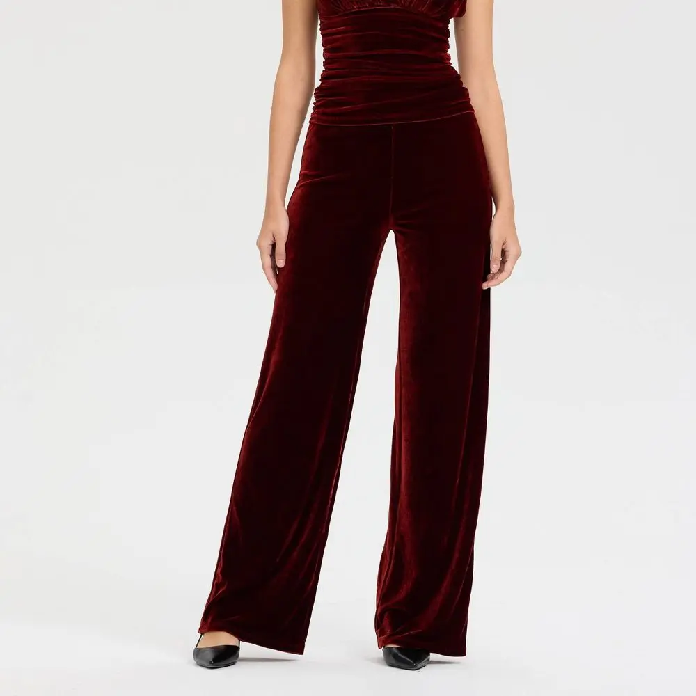 Women's High-Rise Wide Leg Velvet Spandex Pull-On Pants - A New Day, Flat-Fit Garment for Matching Tops Women's High-Rise Wide Leg Velvet Spandex Pull-On Pants - A New Day, Flat-Fit Garment for Matching Tops