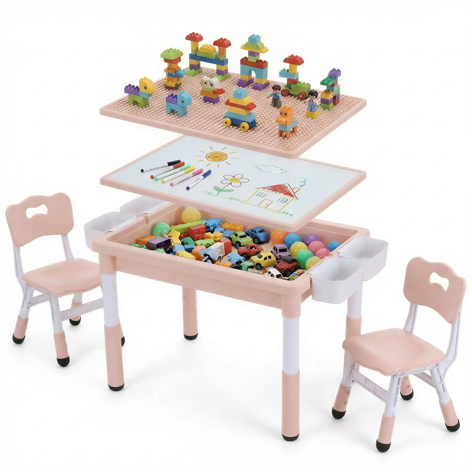 Arlopu Kids Table and 2 Chairs Set, Height Adjustable Toddler Activity Lego Table with Large Storage & Double-Sided Graffiti/Block Building Tabletop, 4 Drawers for Home, Preschool, Classroom homeessentials