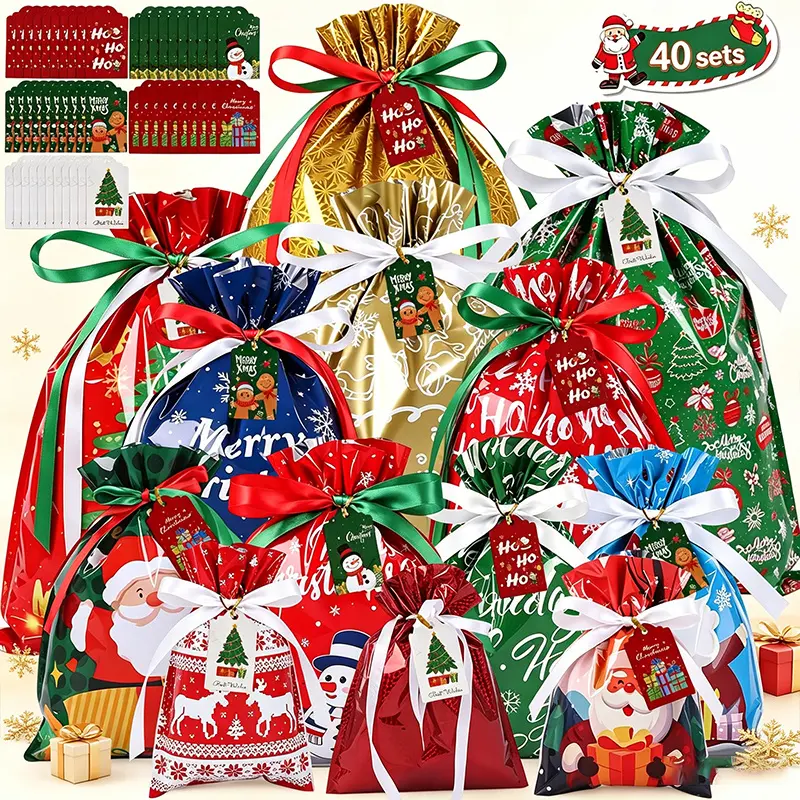38/40pack Holiday Assorted Gift Bags Set, Christmas Drawstring Wrapping Bags with Gift Tags, Reusable Large & Medium Party Favor Goody Bags, Bulk Christmas Present Bags, Kids Holiday Bags, Decorative Santa Snowflake goodie Bags halloween