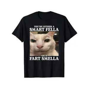 Funny Cat Meme T-Shirt - "You're Either Smart or Stinky" Humorous Graphic Tee with Design, 100% Cotton Unisex Sizes S-XXXL, Machine Washable Round Neck Casual Shirt for Men & Women, Black with White Text, Cat Tshirt, Allseason Apparel Menswear Top