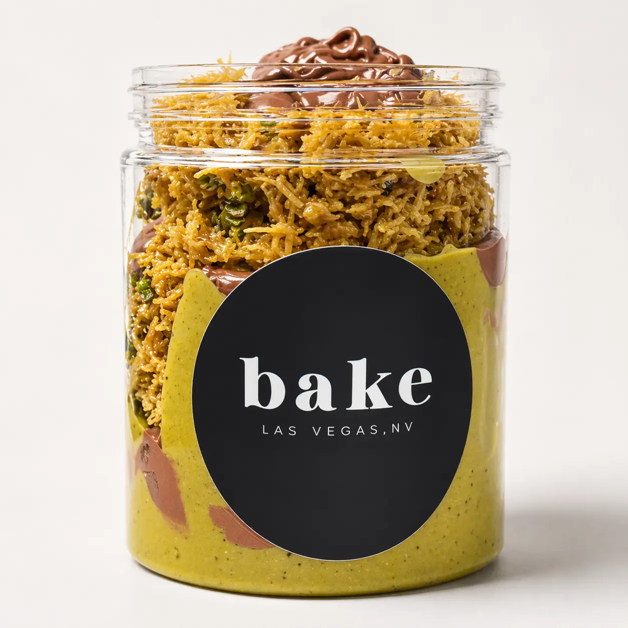 bake the Cookie Shoppe Dubai Chocolate Jar - 16oz Silky Pistachio Flavor Cream Dessert Spread Snack with Toasted Kataifi Crunch, Corn Syrup, Glycerin, 2% or Less of Agar Gum, 3-Month Cupboard Shelf Life, Potassium Sorbate (Preservative))) Contains: Milk