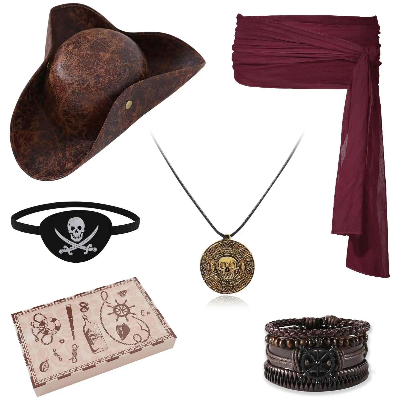 Women's 8-Piece Pirate Costume Accessories Set with Classic Tricorn Hat, Antique Medallion Necklace & Leather Bracelets - Vintage Kit for Simple Halloween Costumes & Renaissance Fairs, Comfortable, Soft, Vintage Pirate Vibe, Unique Pirate Details Womenswe