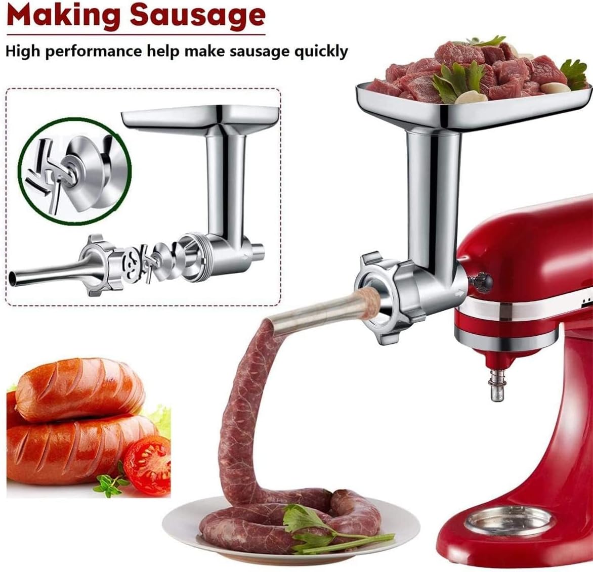 Metal Meat Grinder Attachment for KitchenAid Stand Mixer | Meat Grinders Includes 4 Grinding Plates, 3 Sausage Stuffer Tubes, 2 Grinding Blades, for KitchenAid Mixer Attachments