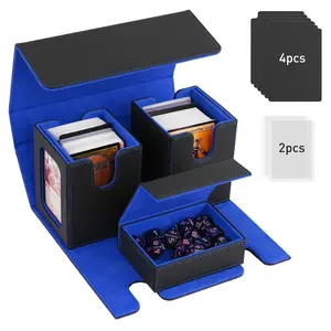 MTG Deck Box, Commander Deck Case Fits 200+ Double-Sleeved Cards, Magnetic Leather Card Storage Box with 2 Commander Display & 4Dividers & Dice Tray Fit YuGiOh TCG CCG Magic Cards, Black+Blue