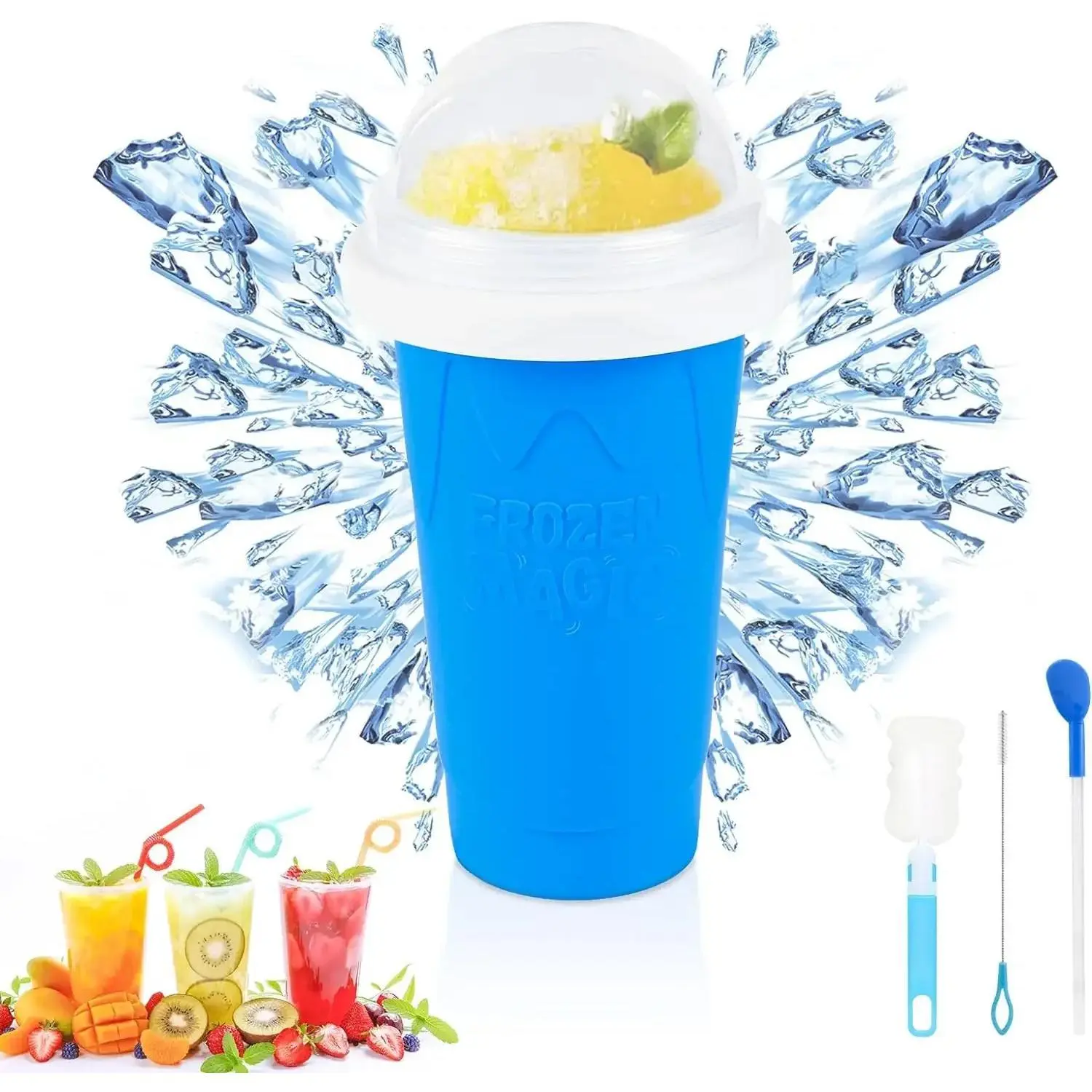 Opaque Finish Silicone Kitchen Slushie Squeeze Cup - Reusable Kitchen Gadget with Splashproof Lid, Straw, Brush Cleaner, Spoon for Home Slushies, Smoothies, Ideal for Teens