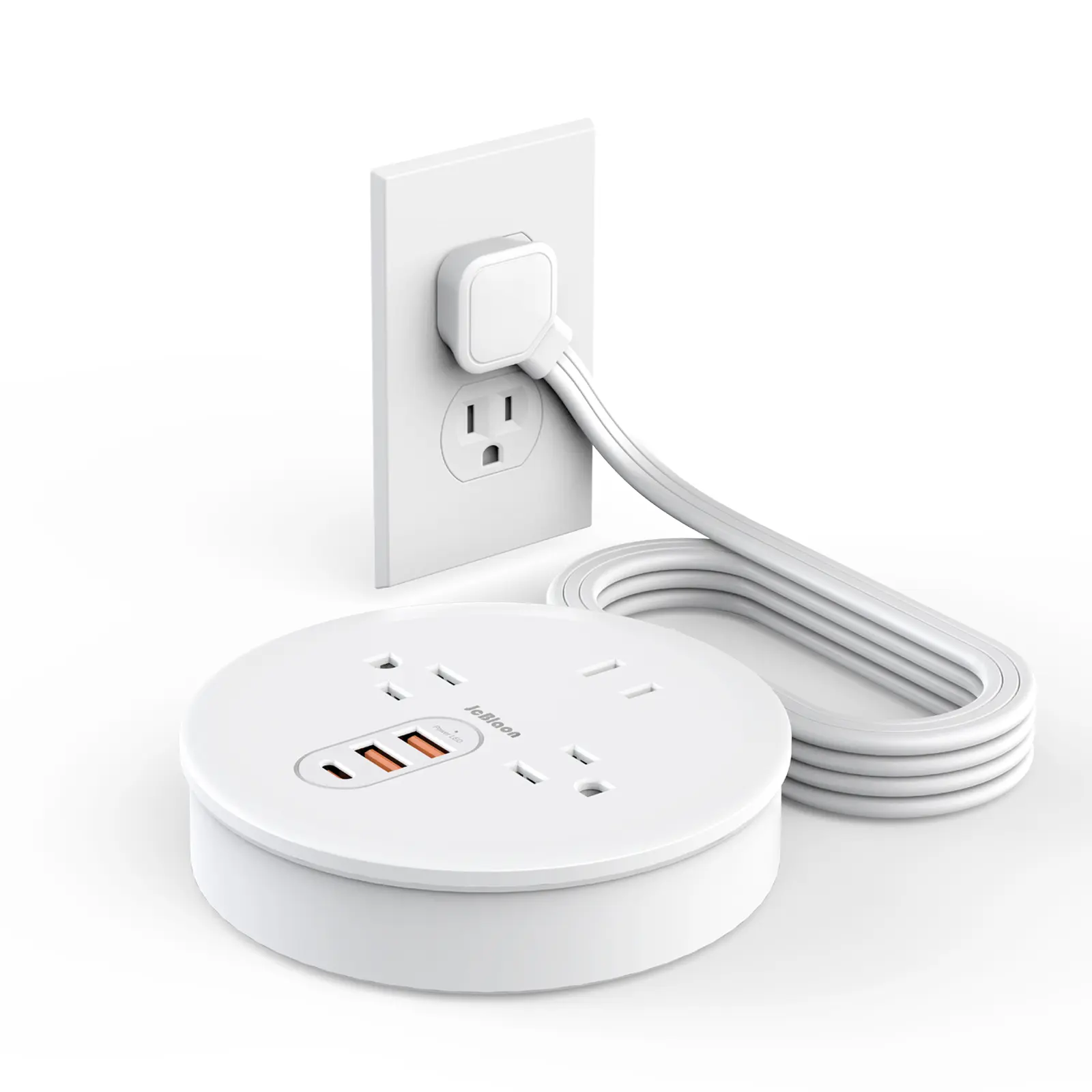 JcBlaon Travel Power Strip Adapter - 3 Extension Cord Sockets, 3 USB Charge Ports, 4ft Retractable Extension Cord, Flexible Multi-Port Accessory for Home, Office, Outlet Extender, Multiple Plug Outlet for iPad, Small Fans (White)