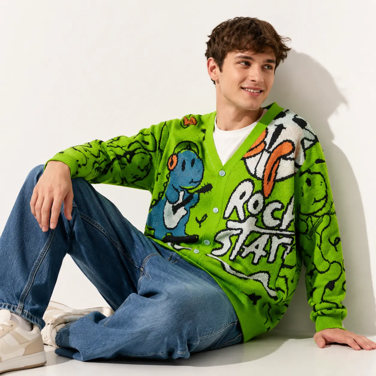 Men's Baggy Knit Cardigan, Oversized Streetwear Sweater Jacket with Cartoon Dinosaur Graphic, V-Neck Button-Down for Jeans, Menswear, Print, Loose, Stylish, Knitwear, Fashion Apparel, Chic