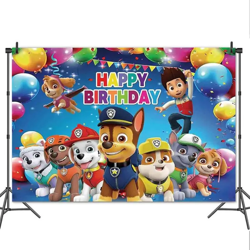 Paw Patrol Themed Happy Birthday Backdrop Banner for Kids' Party Decoration, Vibrant Characters & Balloons, Large Colorful Lightweight, Easy Installation, High-Quality Materials, Ideal for Gifts - Photo