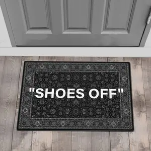 SHOES OFF Black White Indoor Doormat, Hype Welcome Mat, Housewarming Gift, Funny Door Mat, Kilim Look Doormat DM09-003