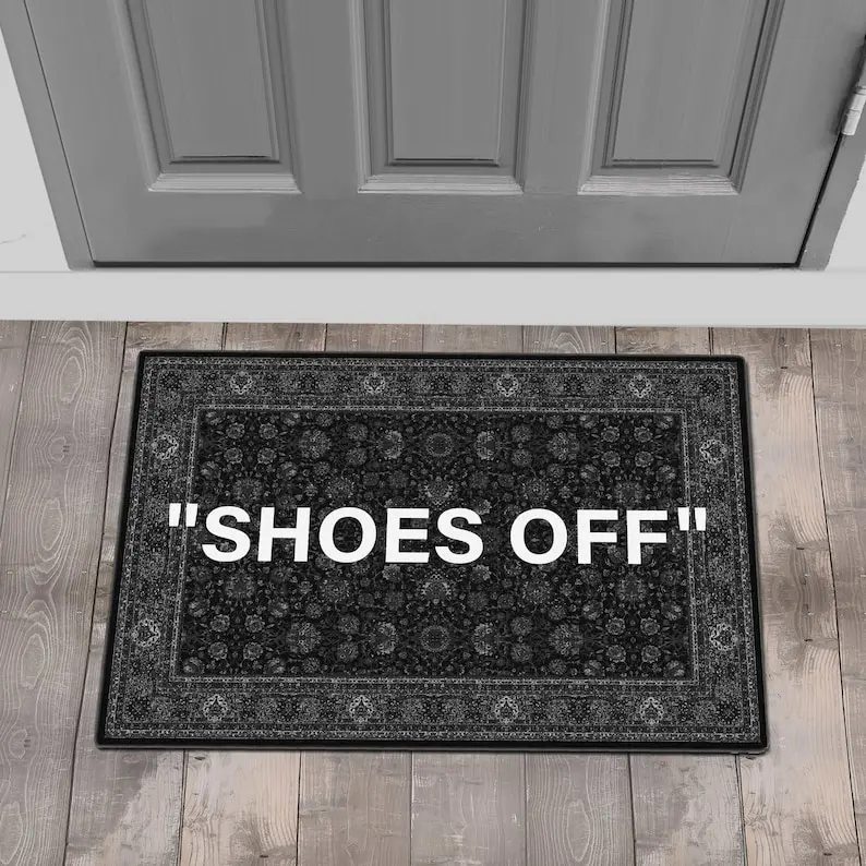 SHOES OFF Black White Indoor Doormat, Hype Welcome Mat, Housewarming Gift, Funny Door Mat, Kilim Look Doormat DM09-003