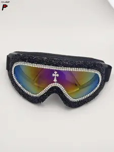 Luxury Colorful Cross Rhinestone Skiing Goggles, Adjustable Elastic Strap, Dense Decoration, Sporty Style, All Seasons Use, Windproof Ski Goggles