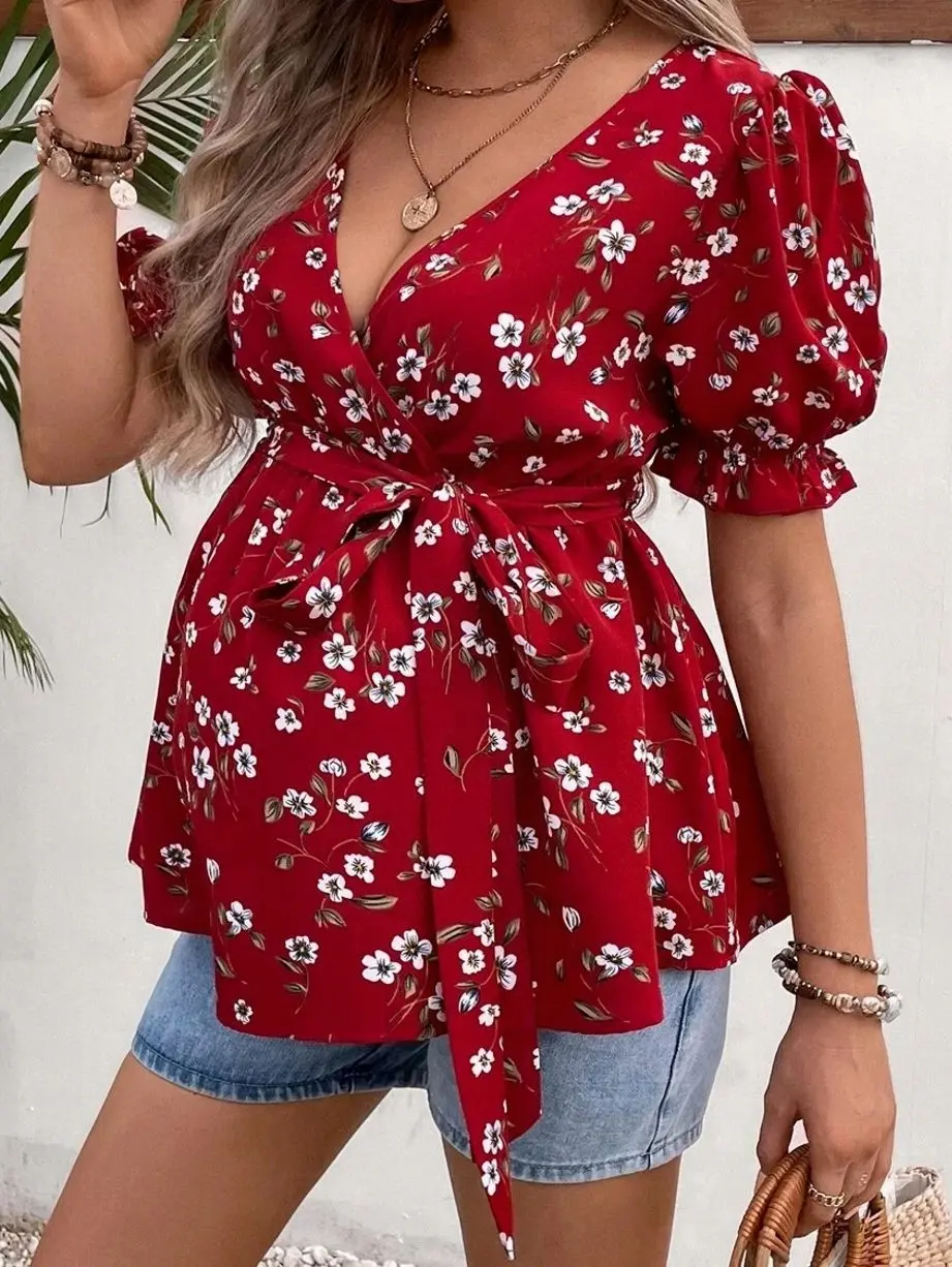 Maternity Floral Puff Sleeve Blouse - Belted Design & Stylish Top